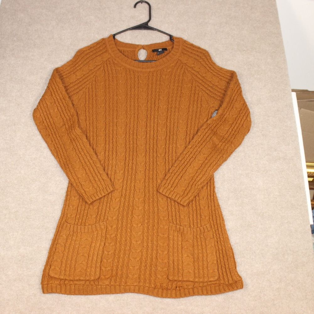 HM Rust Orange Cable Knit Tunic Sweater Long Sleeve Pockets Brown Womens Medium